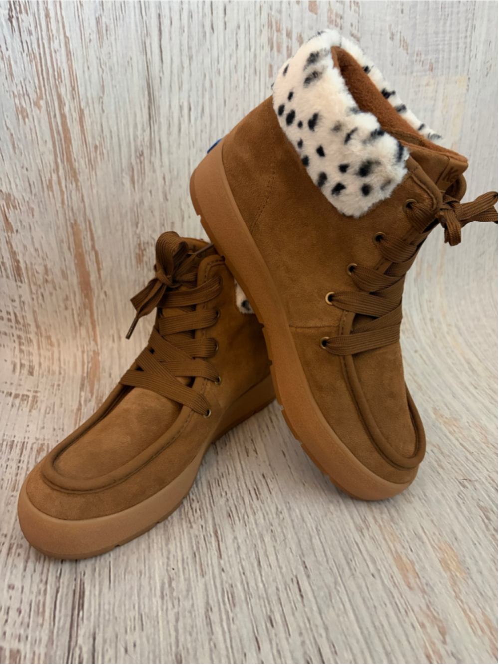 Women's Keds Brown Ankle Boots with Dalmatian Print Faux Fur Trim